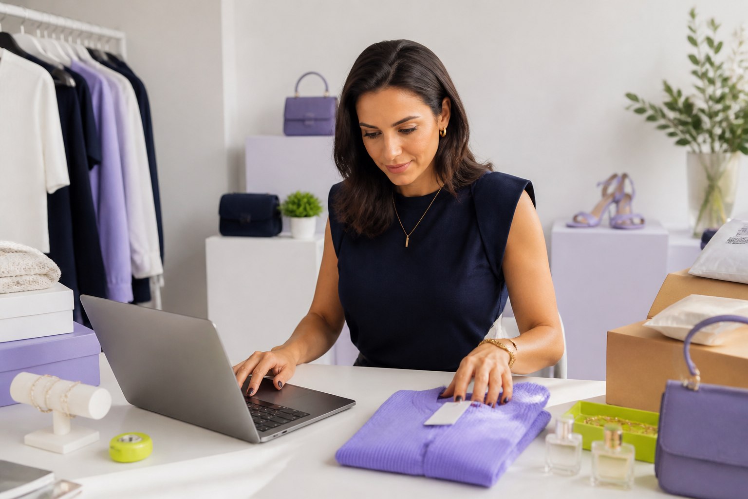 Empreendedora organizando produtos enquanto trabalha em sua loja